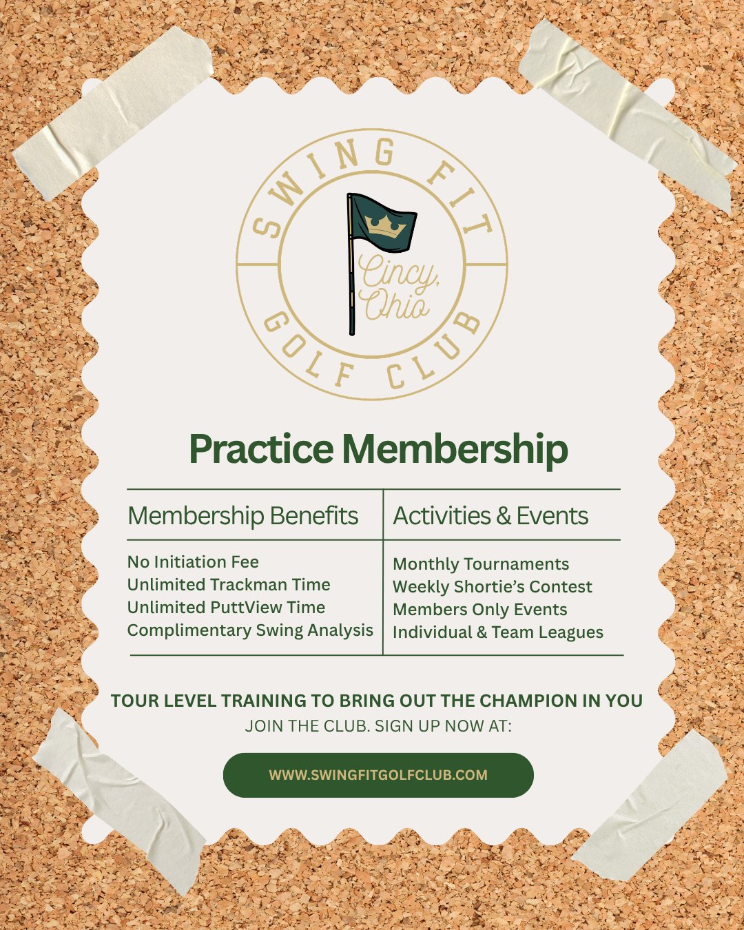 More reps. More competition. More improvement. ⛳️

At Swing Fit Golf Club, our Practice Membership gives you everything you need to take your game to the next level:

🏌️ Unlimited TrackMan Time
⛳ Unlimited PuttView Access
📊 Complimentary Swing Analysis
🏆 Monthly Tournaments & Leagues
🔥 Members-Only Events

No initiation fees. No weather delays. Just year-round golf in a TrackMan-powered facility built to help you improve.

Ready to join us?